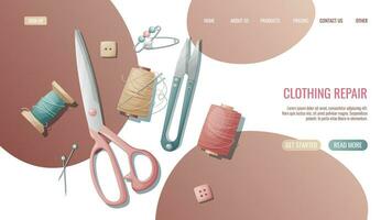 Sewing workshop landing page or web banner template. Hand drawn illustrations of sewing tools, scissors, threads, needles. Creative atelier profession. vector