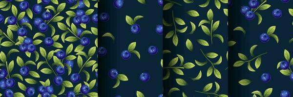 Set Seamless pattern of blueberries on a dark background. Texture of blue berries and leaves. Blueberry sprigs for fabric, wallpaper, wrapping paper, etc. vector