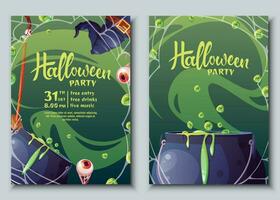 Set of Halloween party invitation templates. Flyer, banner for All Saints Day. Witch s cauldron, broom, hat, spider s web. Greeting card for the holiday. vector
