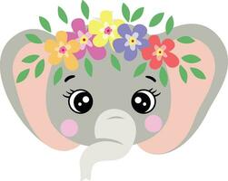 linda elefante cara con guirnalda floral en cabeza vector