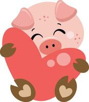 Cute pig sitting holding a big heart vector