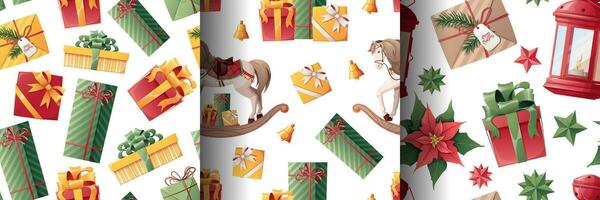 conjunto de sin costura patrones para Navidad. textura con fiesta regalo cajas, balanceo caballo, arcos, linterna. genial para fondo de pantalla, envase papel, tela, textiles, etc. vector