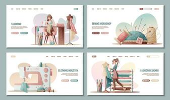 Web banner or landing page set. Professional tailor for tailoring. Sewing workshop, sewing courses. Fashion designer or tailor. Professional tailor sewing. vector