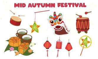 Mid autumn festival vector set.  Moon festival clip art. Drum, star lantern, lantern, lion dance, moon cake, tea cup. Toy for veitnamese children in mid autumn festival. Flat vector in cartoon style.