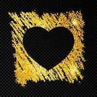 Heart on golden glittering scribble paint on dark background. Background with gold sparkles and glitter effect. Empty space for your text. Vector illustration