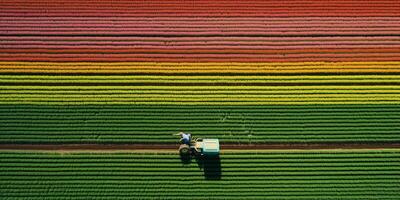 Generative AI, Farm colorful landscape, agricultural fields, beautiful countryside, country road. Nature Illustration, top view drone, horizontal banner. photo