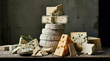 Generative AI, Different types of cheese on the table, aesthetic muted neutral colors photo