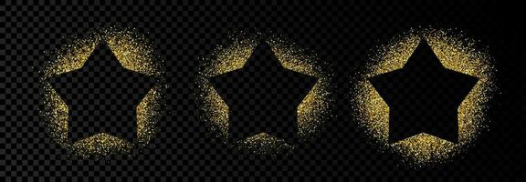 Set of three star frames with golden glitter on dark transparent background. Empty background. Vector illustration.