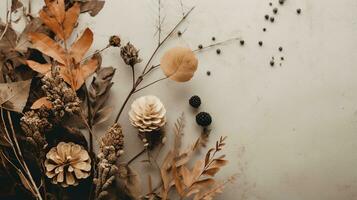 Generative AI, Autumn home decoration close up, muted colors, holiday photorealistic aesthetic background photo