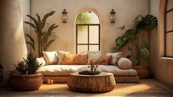 Generative AI, Living room interior, mediterranean boho style photo