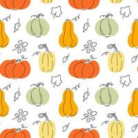 Doodle Pumpkins with leaves seamless pattern. Autumn colors modern print design. Vector endless background for wrapping, cards and textile.