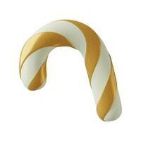 3d candy cane icon. Toy three dimensional sweet Christmas treat with white and gold stripes. Vector decorative object isolated on white background.