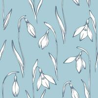 Spring snowdrops seamless pattern. Hand drawn elegant flowers on blue background. Floral print design for textile, wallpapers or wrapping. vector