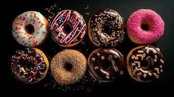 Generative AI, Assorted colorful glazed donuts with sprinkles, sweet baked dessert photo