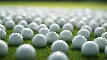 Generative AI, Close up golf balls on green grass, golf course background photo