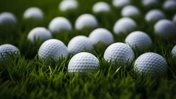 Generative AI, Close up golf balls on green grass, golf course background photo