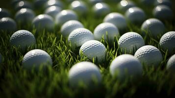 Generative AI, Close up golf balls on green grass, golf course background photo
