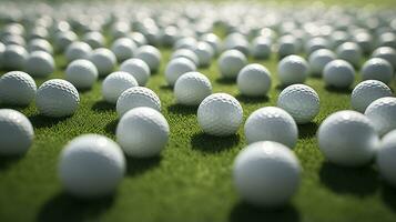 Generative AI, Close up golf balls on green grass, golf course background photo