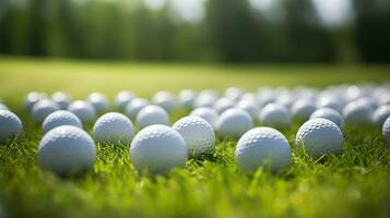 Generative AI, Close up golf balls on green grass, golf course background photo