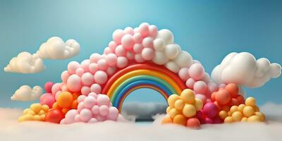 generativo ai, arco iris y vistoso globos cumpleaños fiesta 3d antecedentes. Bosquejo, modelo para saludo tarjeta foto