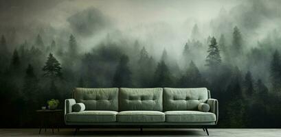 Generative AI, Interior design with couch, sofa and wallpaper of fir forest beautiful landscape in hipster vintage retro style, foggy mountains and trees. photo