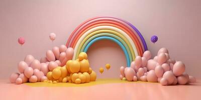 generativo ai, arco iris y vistoso globos cumpleaños fiesta 3d antecedentes. Bosquejo, modelo para saludo tarjeta foto