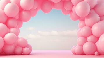 Generative AI, arch of pink balloons. Birthday party for girl 3d background, shower. Mockup, template for greetiing card photo