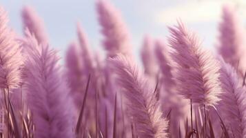 Generative AI, Pampa purple lavender color grass branch with sky. Abstract natural boho background of soft plants, Cortaderia selloana photo