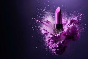 Generative AI, Purple lipstick, powder splashes and smoke on purple background. photo