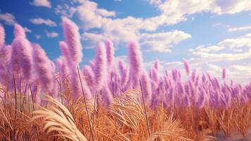 generativo ai, pampa púrpura lavanda color césped rama con cielo. resumen natural boho antecedentes de suave plantas, cortaderia selloana foto