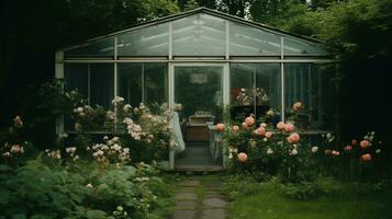 generativo ai, hermosa estético privado jardín con muchos flores y plantas, naturaleza paisaje, apagado neutral colores foto