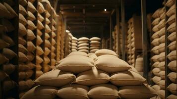 Generative AI, Stack hemp sacks of rice or coffee, industrial storage photo