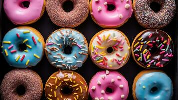 Generative AI, Assorted colorful glazed donuts with sprinkles, sweet baked dessert photo