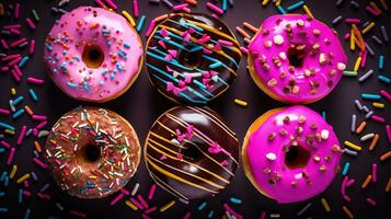 Generative AI, Assorted colorful glazed donuts with sprinkles, sweet baked dessert photo