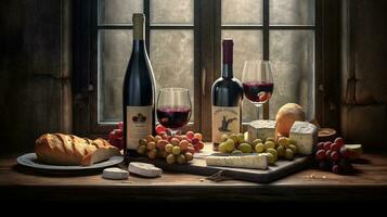 Generative AI, wine still life with grapes, rosemary, prosciutto, blue cheese, figs, bread. photo