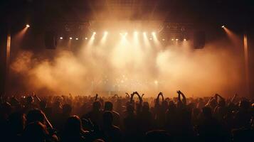 Generative AI, People crowd on music rock festival concert in stadium, big stage lit by spotlights. photo