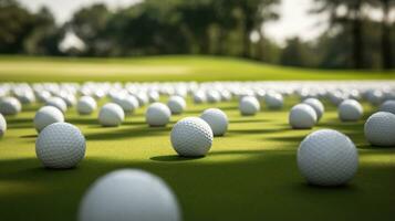 generativo ai, cerca arriba golf pelotas en verde césped, golf curso antecedentes foto