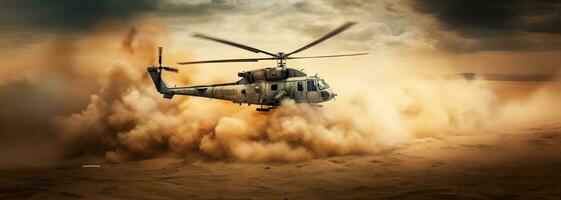 Generative AI, military helicopter takes off in thick dust clouds. photo