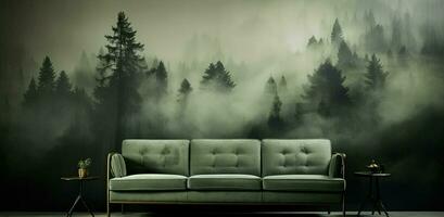 Generative AI, Interior design with couch, sofa and wallpaper of fir forest beautiful landscape in hipster vintage retro style, foggy mountains and trees. photo