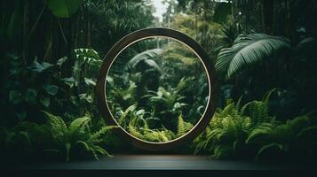 Generative AI, Empty circle wooden frame and tropical leaves on jungle background. For product display. photo