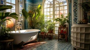 Generative AI, retro boho hotel bathroom, Puerto Rico style. Bright colors and plants photo