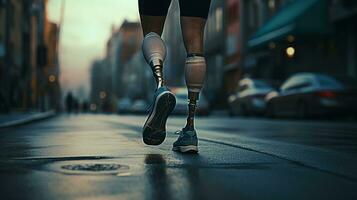 generativo ai, persona con discapacidad, protésico miembro corriendo y lo hace no sensación obstáculos, foto