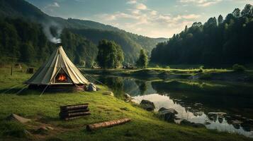 Generative AI, Camping outdoor concept near the lake or river, tourist camp on the beautiful green landscape with mountains photo