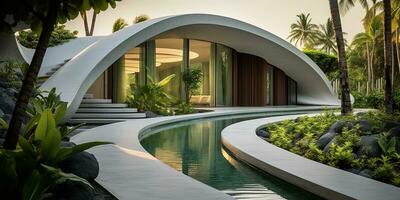 Generative AI, modern luxury house with lush tropical garden. Villa, hotel resort, architectural photography in the style of futuristic curves photo