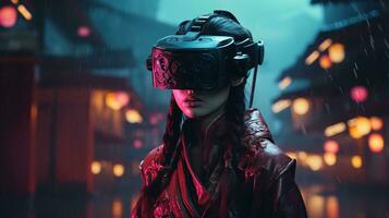 Generative AI, beautiful asian person in samurai suit in VR glasses in neon space street, virtual reality headset in cyberspace photo