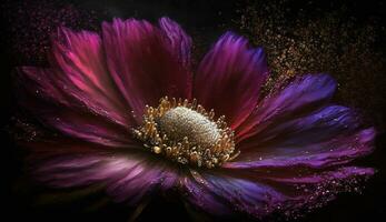 Generative AI, Close up of blooming flowerbeds of amazing viva magenta flowers on dark moody floral textured background with golden particles. Photorealistic paint effect. photo