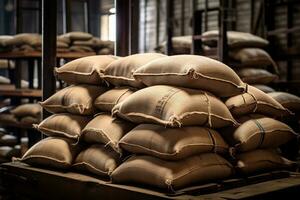 Generative AI, Stack hemp sacks of rice or coffee, industrial storage photo