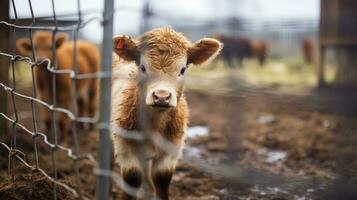 Generative AI, little calfs looking at the camera on a farm, baby cows photo