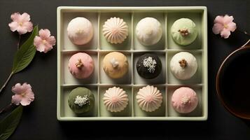 Generative AI, Japanese traditional confectionery cake wagashi, various types of sweets photo