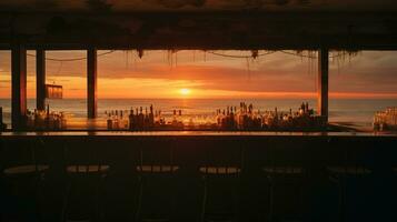 generativo ai, verano puesta de sol playa bar antecedentes. al aire libre restaurante, LED ligero velas y de madera mesas, sillas debajo hermosa puesta de sol cielo, mar vista. foto